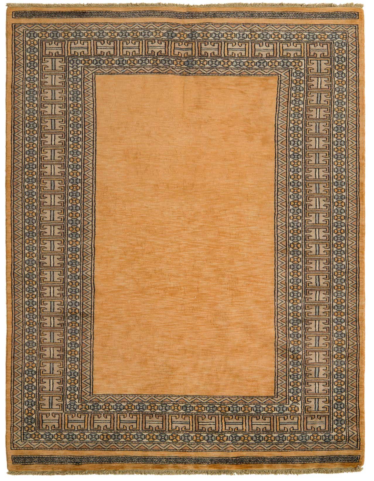 A 5x8 rectangular Peshawar Ziegler rug in yellows/golds with a thin pile and traditional oriental border.
