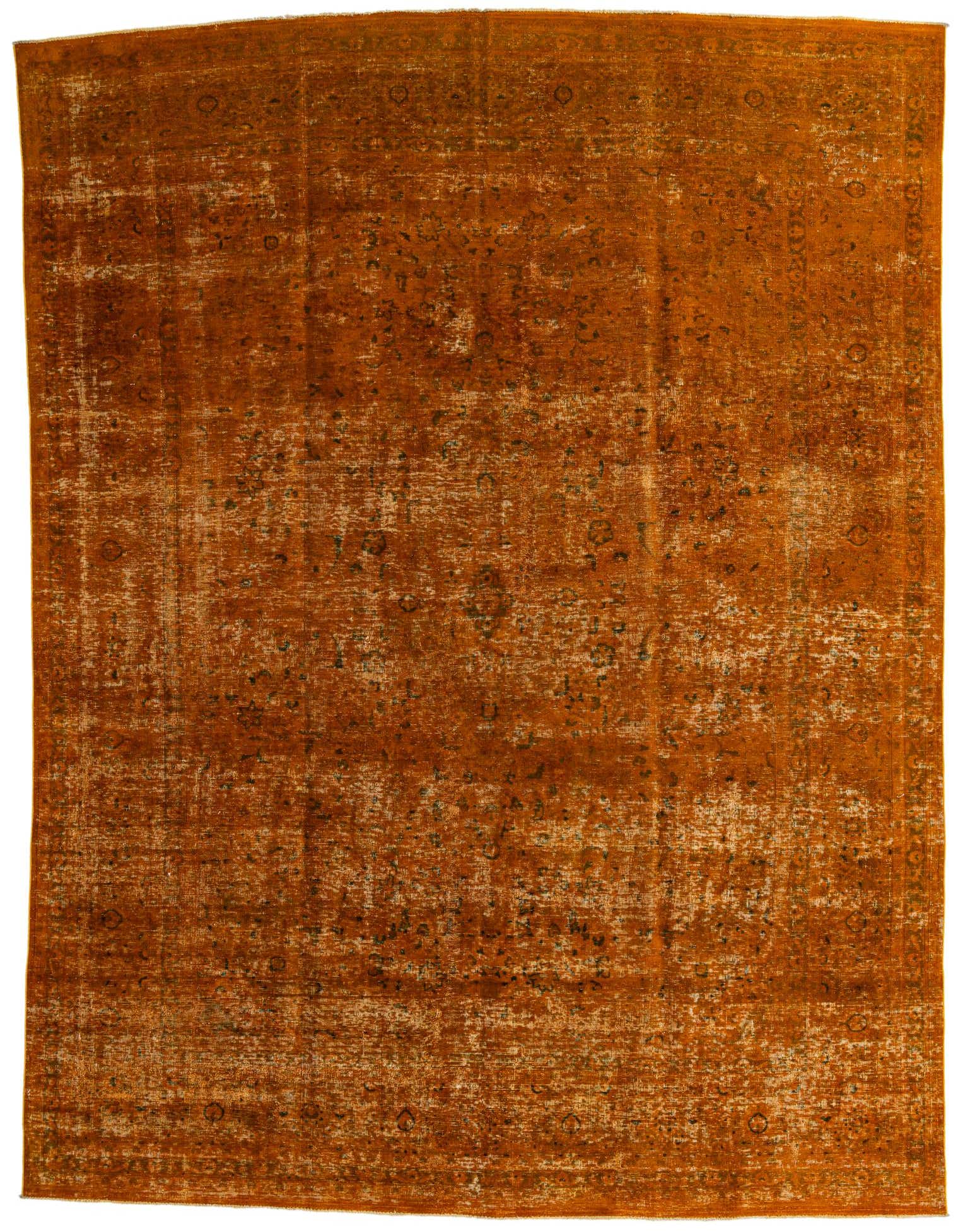 A 9x12 rectangular Ultra Vintage wool rug in yellows and golds, featuring a distressed Persian pattern.