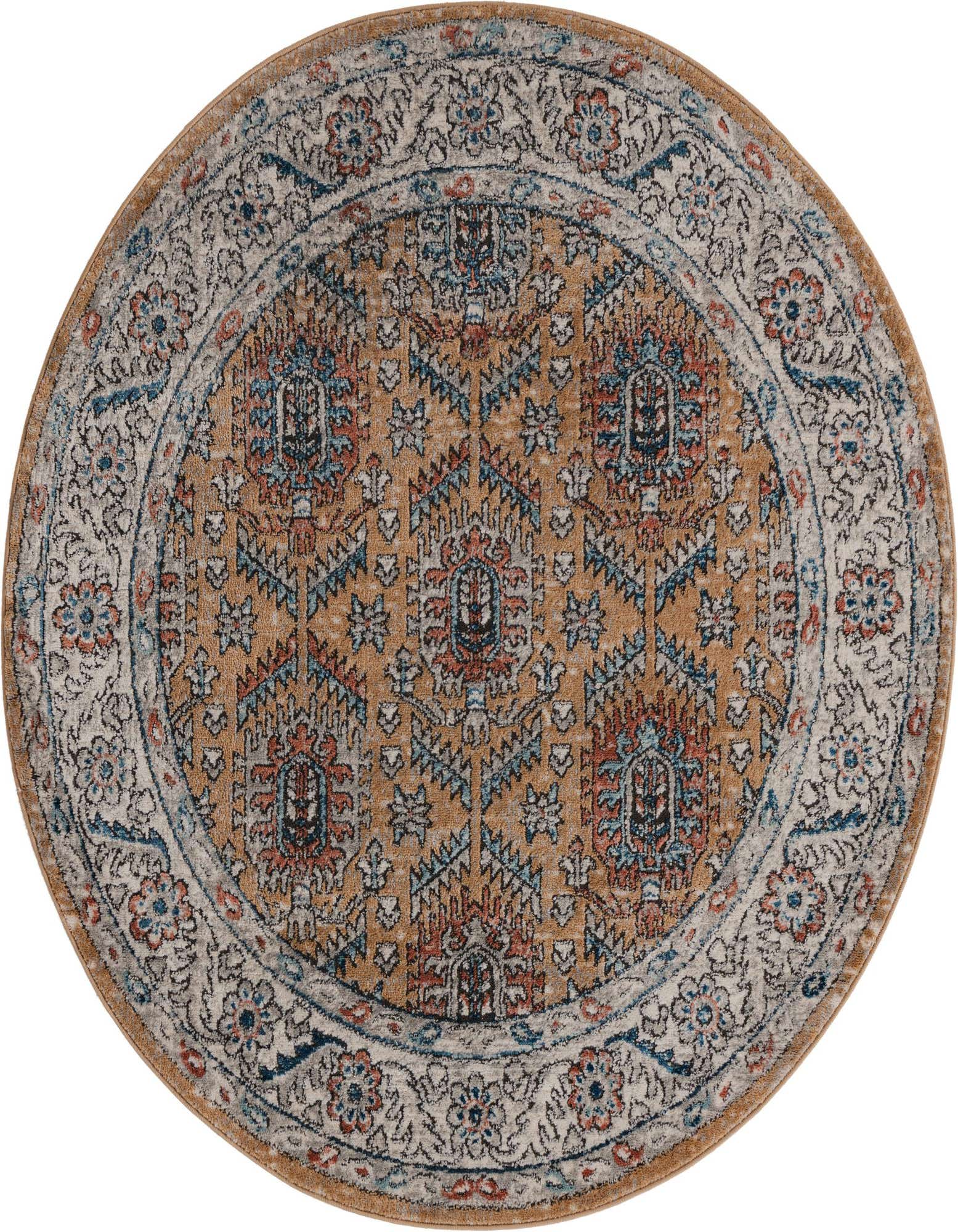 A round 5' 3" yellow and gold traditional rug with a vintage oriental medallion pattern and a light border.