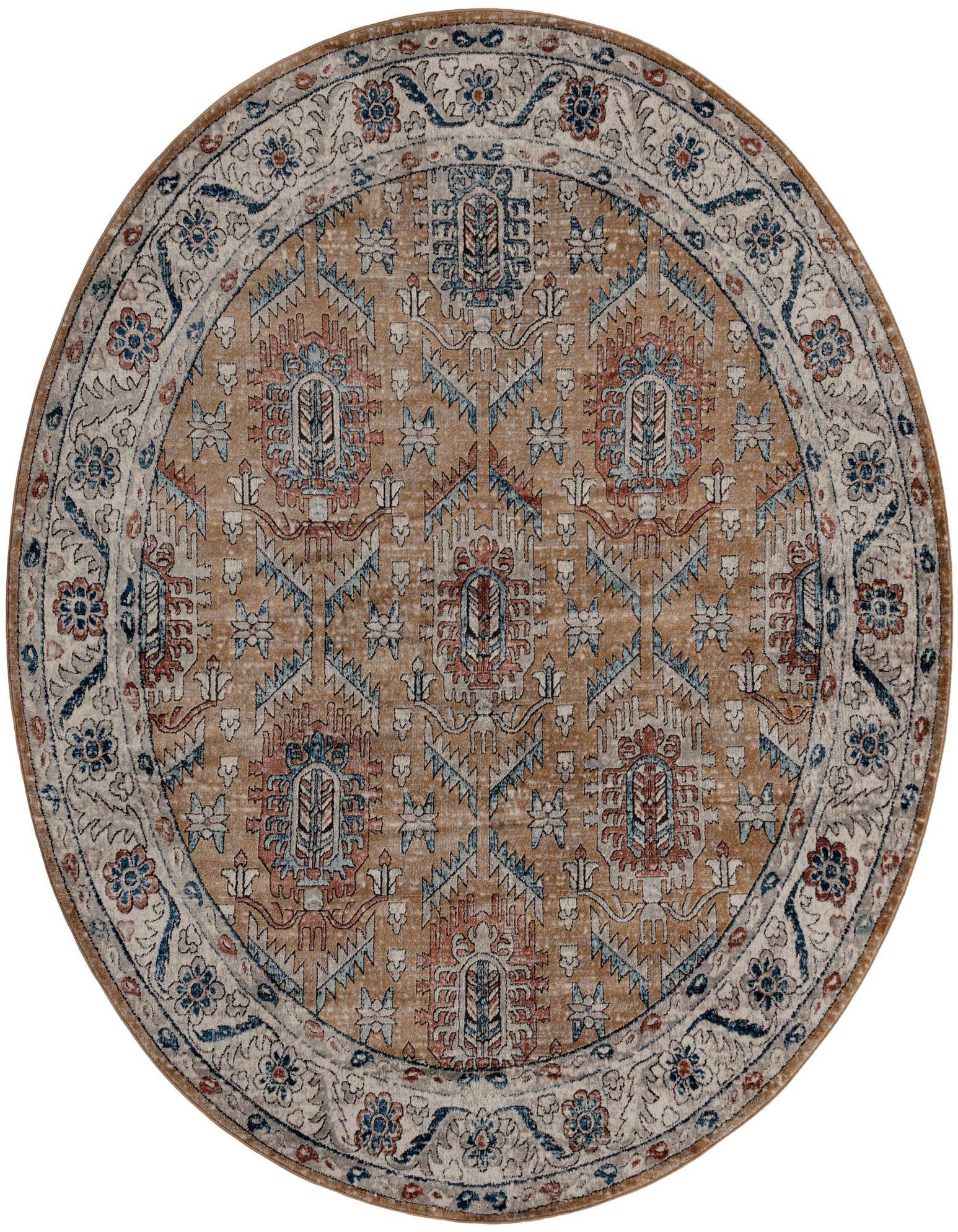 A 10-foot round Nyla rug featuring a traditional medallion pattern in distressed gold, blue, and terracotta tones, with a decorative border.