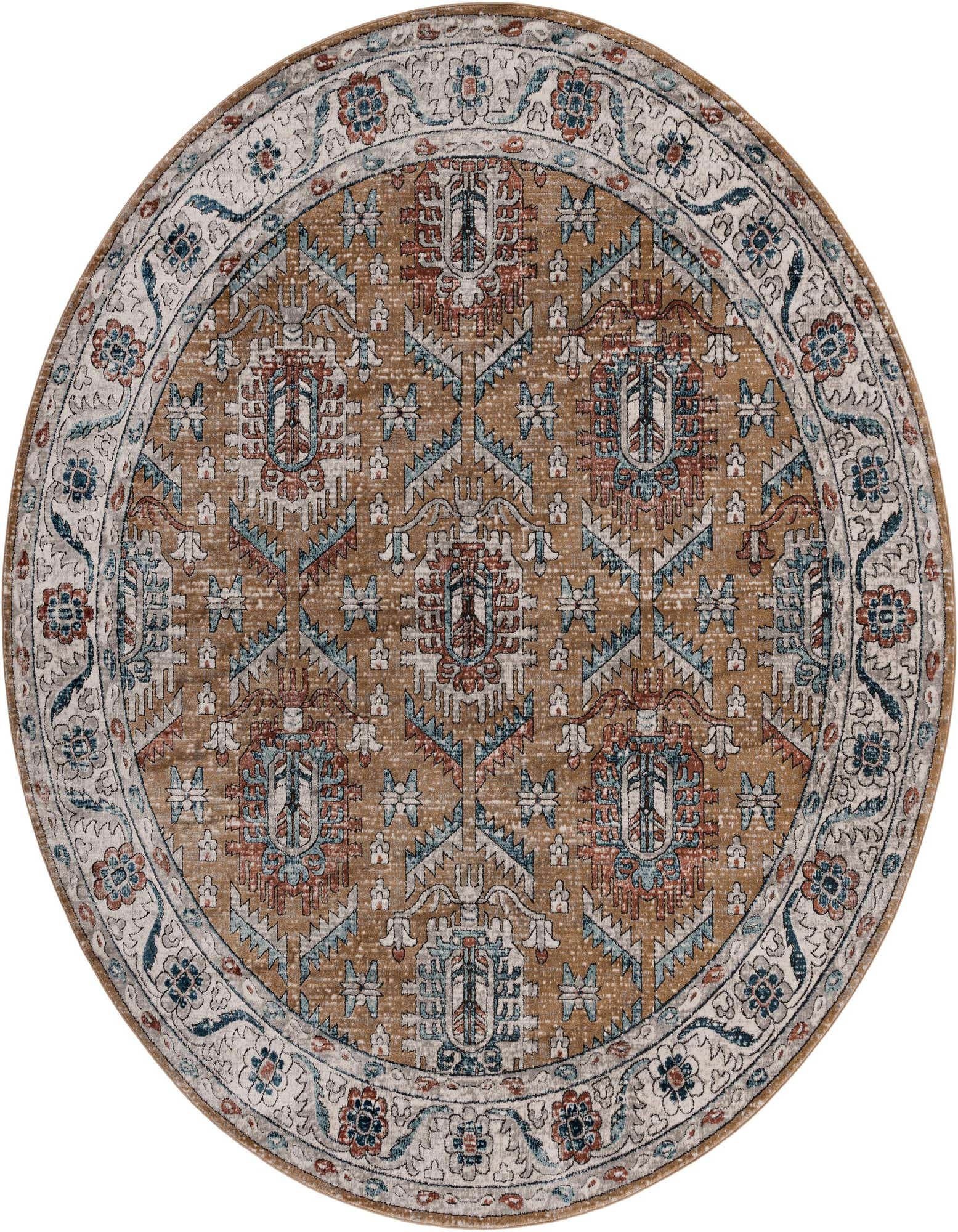 A large round Nyla collection rug, 12' in diameter, featuring a traditional medallion pattern in distressed gold, rust, and blue tones with a cream border.