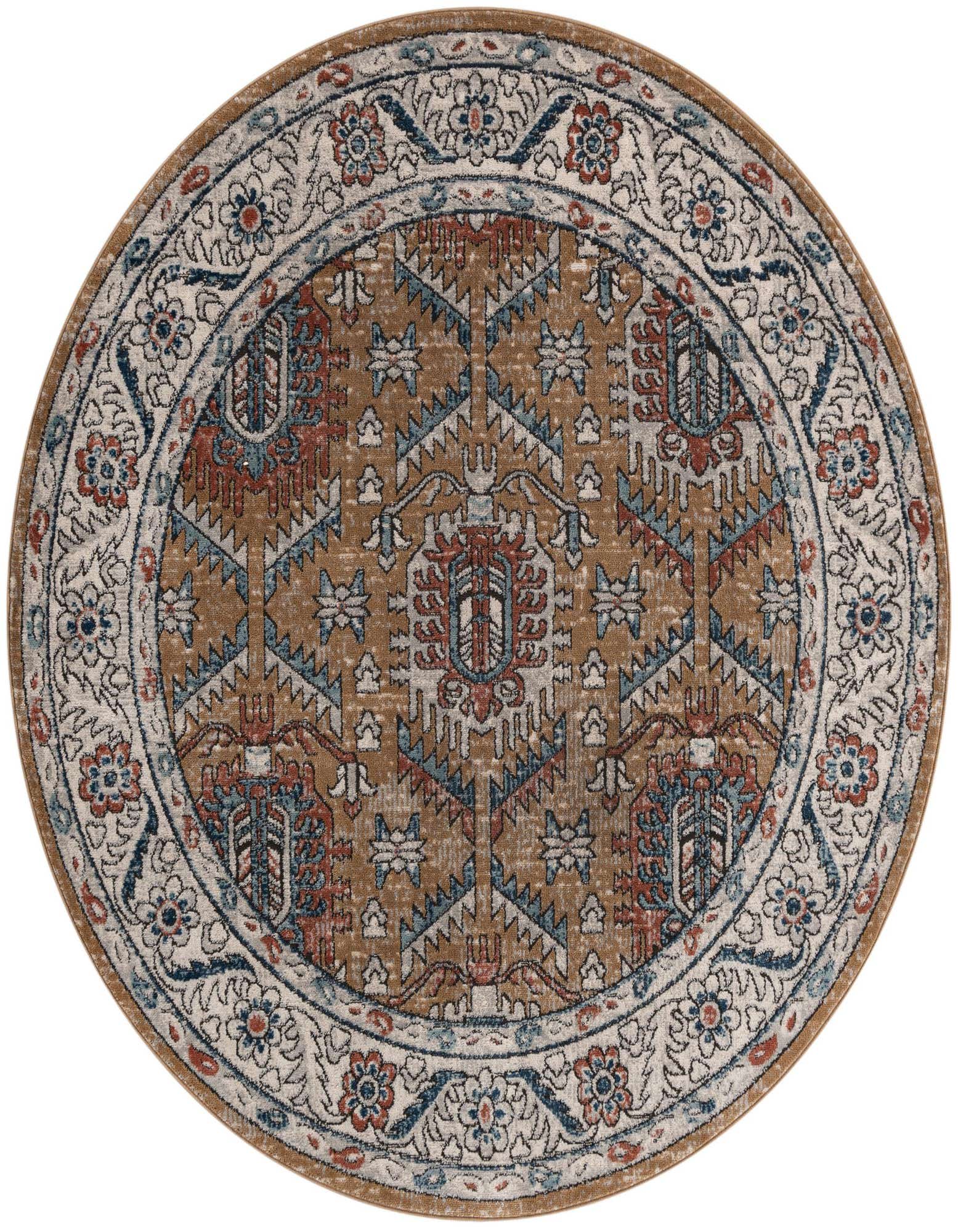 A round 6' 0 x 6' 0 Nyla rug featuring a central gold and blue medallion pattern with a floral border.