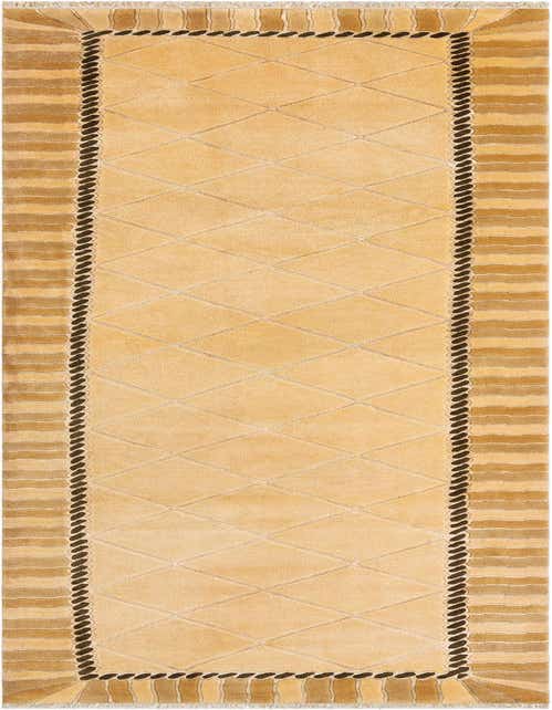 A 13 ft runner rug in shades of yellow and gold with a modern oriental pattern, featuring a diamond lattice center and striped borders.