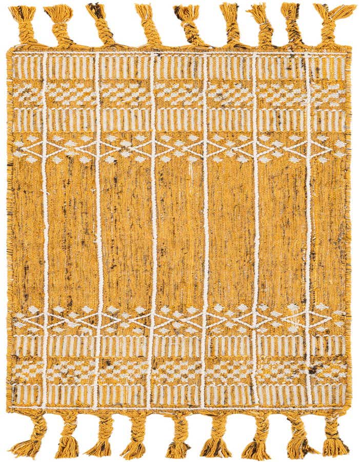 A 5 ft runner rug in yellow and white with a modern bohemian stripe pattern and braided tassels, suitable for indoor or outdoor use.