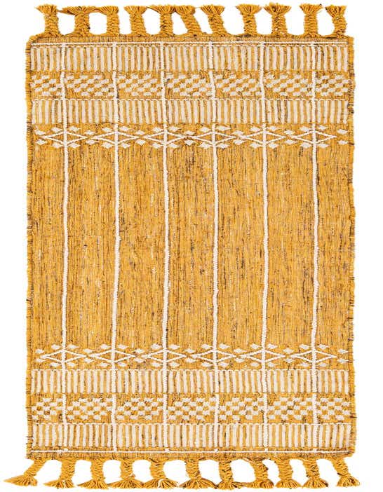 Yellow and white bohemian runner rug with tassels, featuring stripes and geometric patterns, ideal for a hallway or patio.