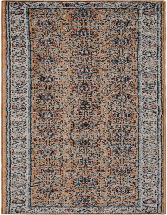 A long 8 ft runner rug with a distressed traditional medallion pattern in shades of yellow, gold, blue, and hints of red, perfect for a hallway.