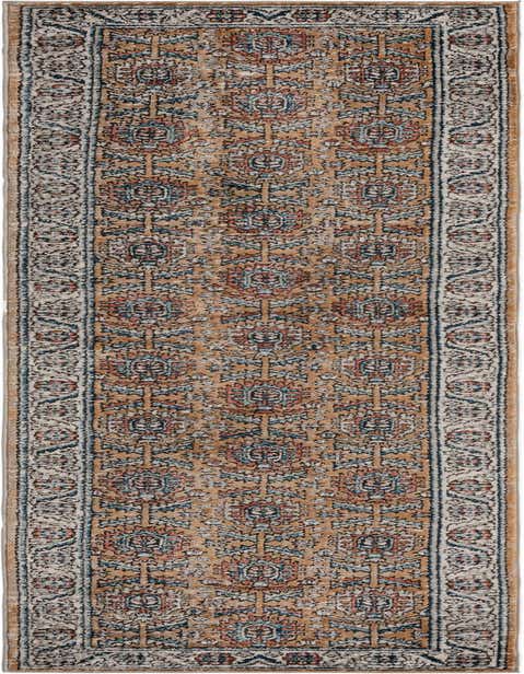 A 12 ft Nyla runner rug in yellows/golds with a distressed traditional Oriental medallion pattern and blue and red accents, ideal for a hallway.