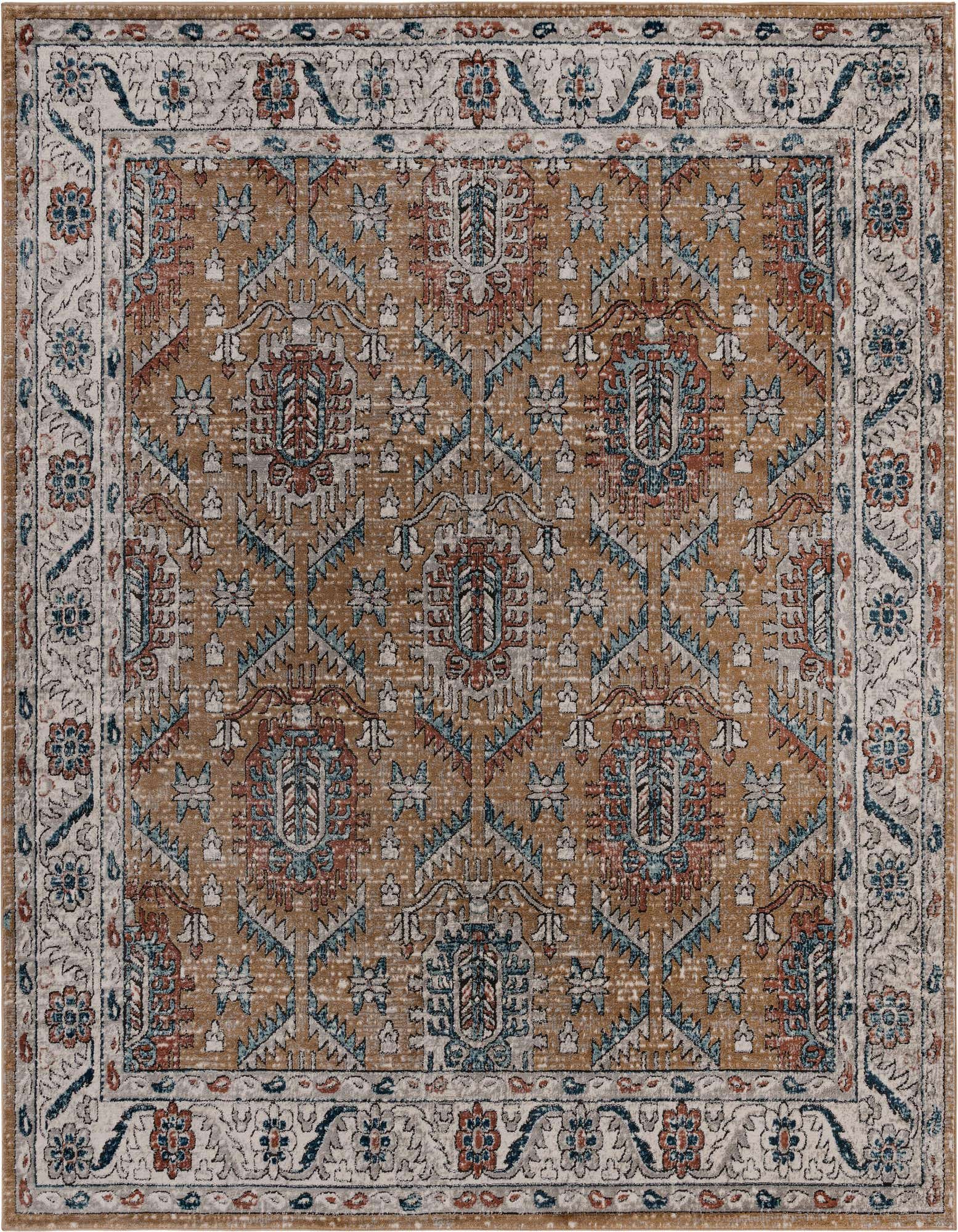 A 10' square Nyla Collection rug featuring a distressed traditional medallion pattern in gold, rust, and blue tones with a cream border.