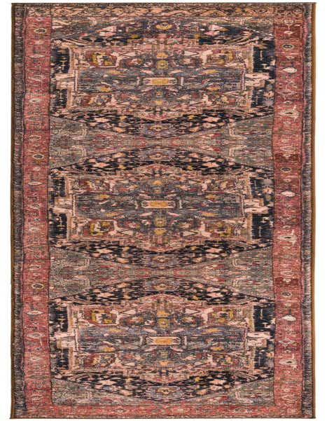 A 10 ft runner rug with a distressed traditional medallion pattern in shades of brown, tan, orange, and red, ideal for a hallway.