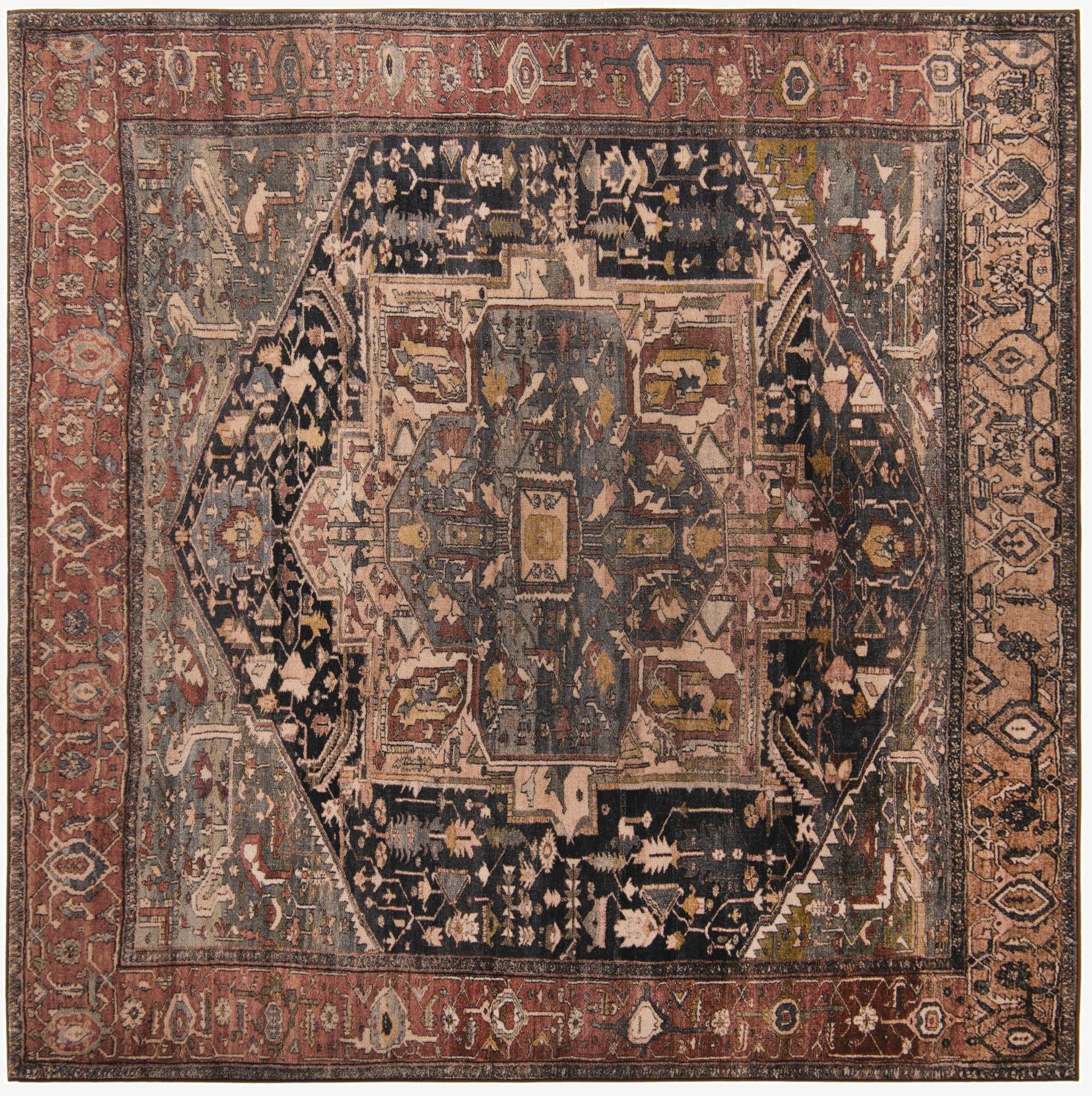 A 7' 10 x 7' 10 square Medina rug featuring a traditional tribal medallion pattern in browns, tans, oranges, and reds.