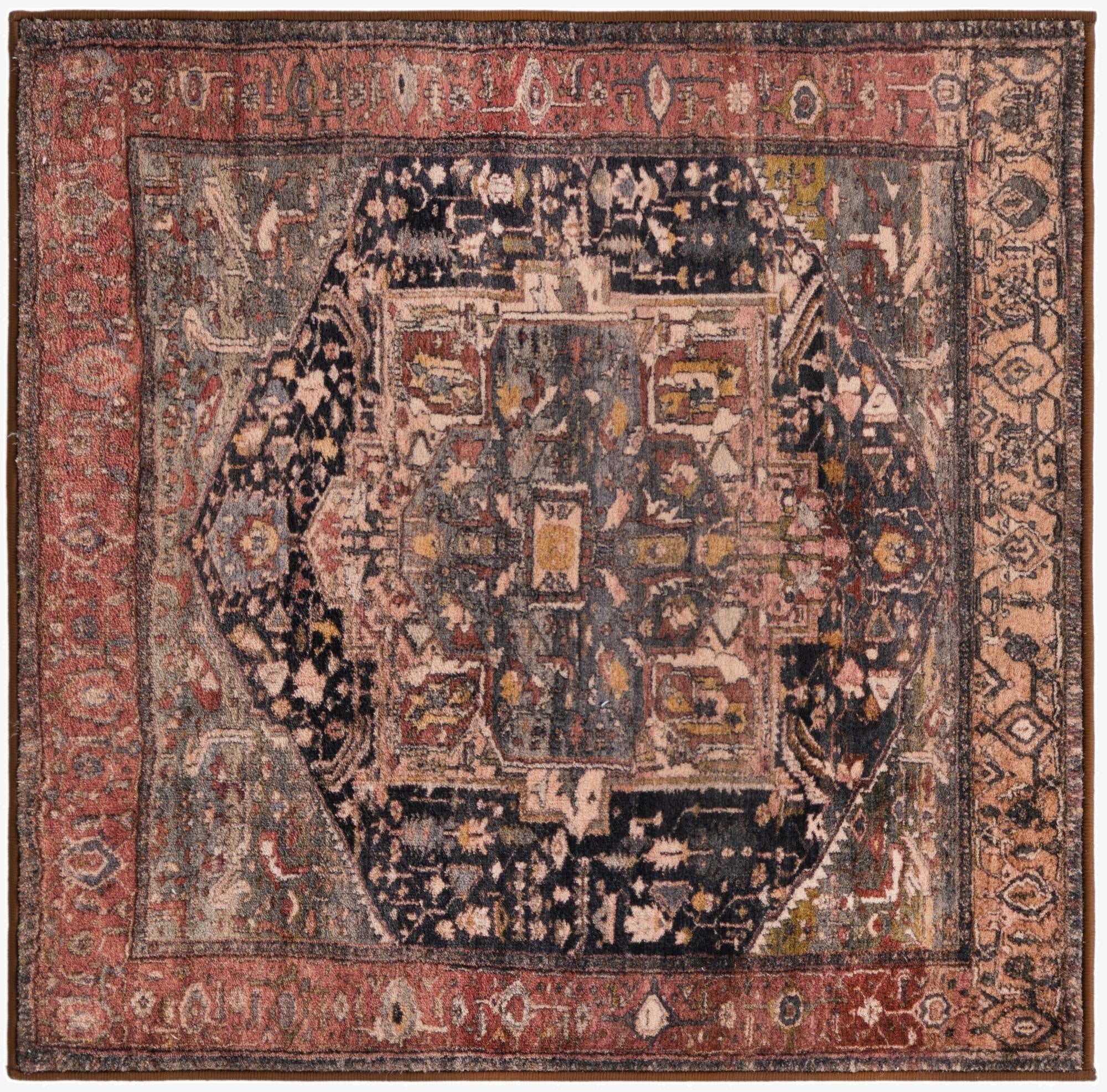 A square Medina collection rug featuring a distressed traditional medallion pattern in shades of brown, red, and orange.