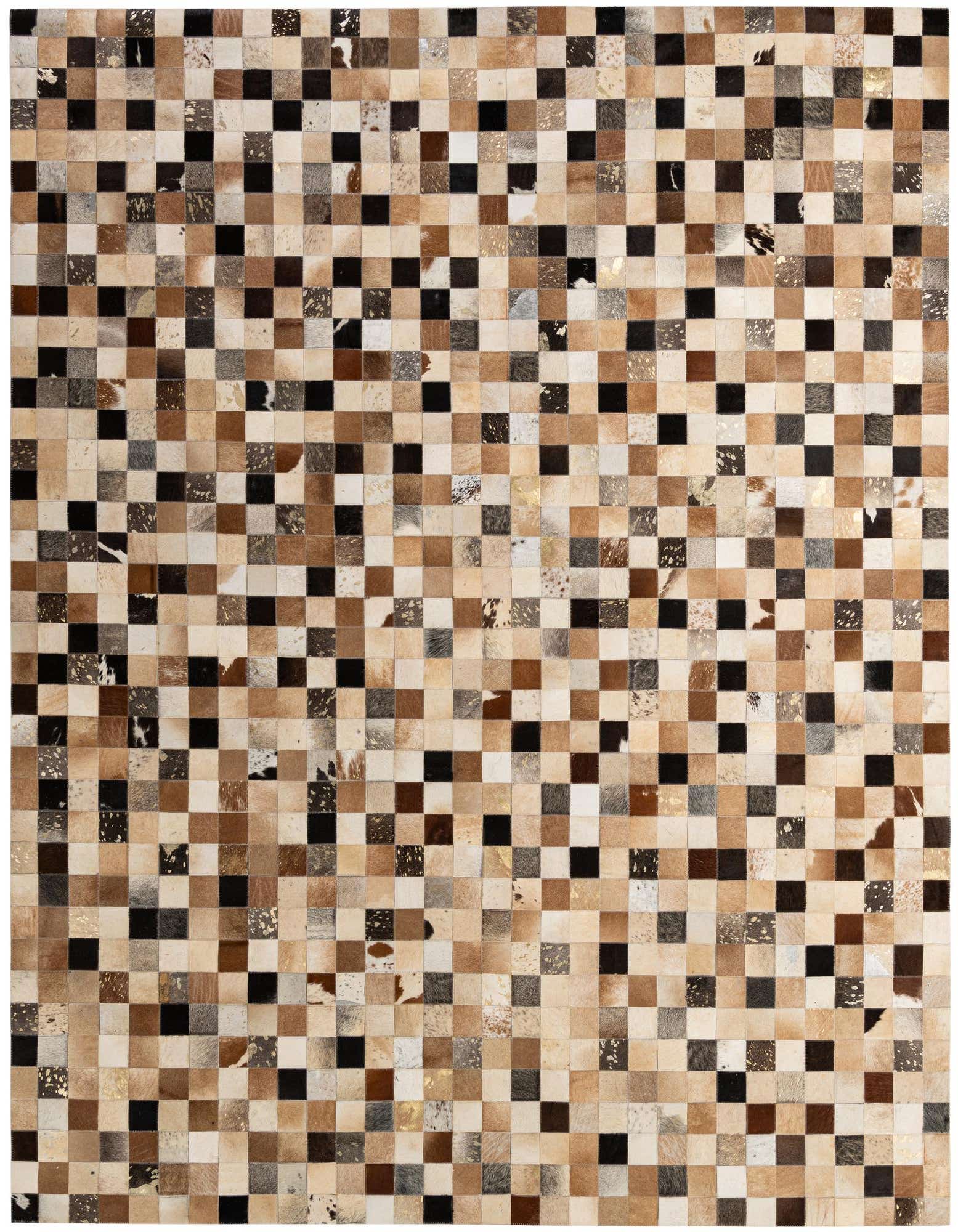 A rectangular 8x10 Cowhide Patchwork rug featuring a mosaic of multi-colored natural cowhide squares in shades of brown, black, white, and gold.