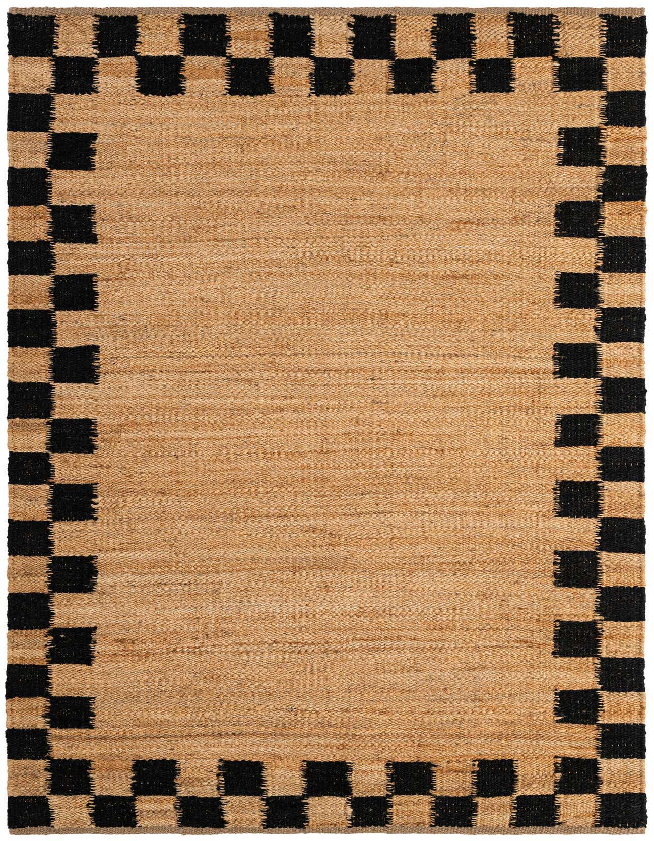 A 5x8 rectangular natural jute rug with a bold black checkered border, perfect for modern living spaces.