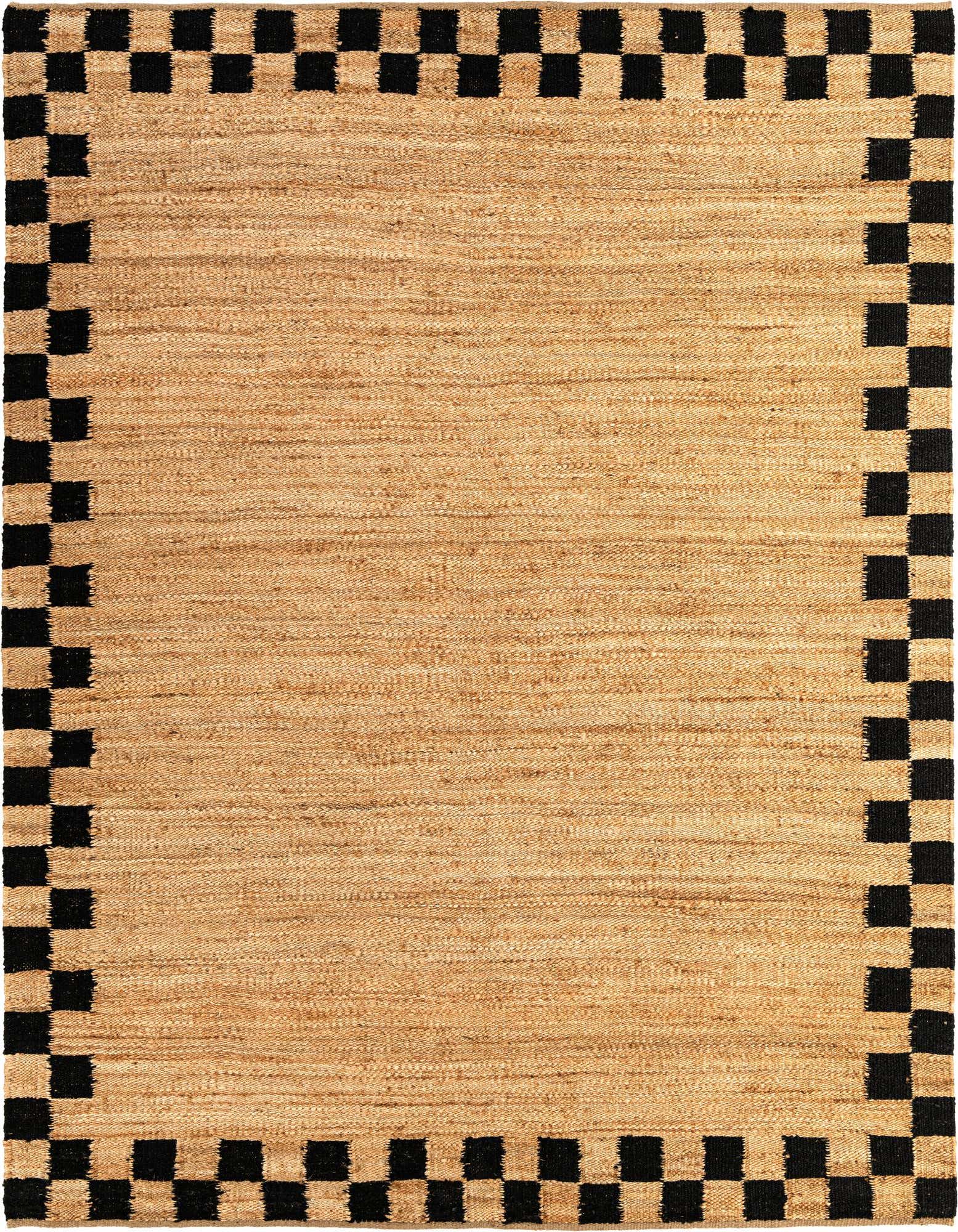 A rectangular 8x10 natural jute area rug with a bold black checkerboard border, suitable for a living room or bedroom.
