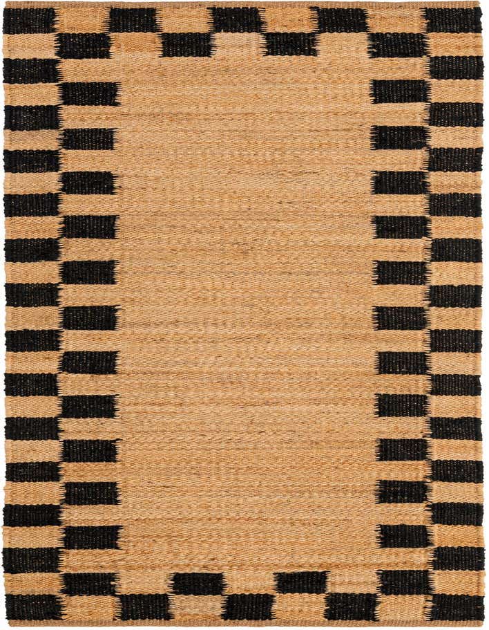 A natural jute runner rug with a bold black and natural checkered border, perfect for a hallway or kitchen.
