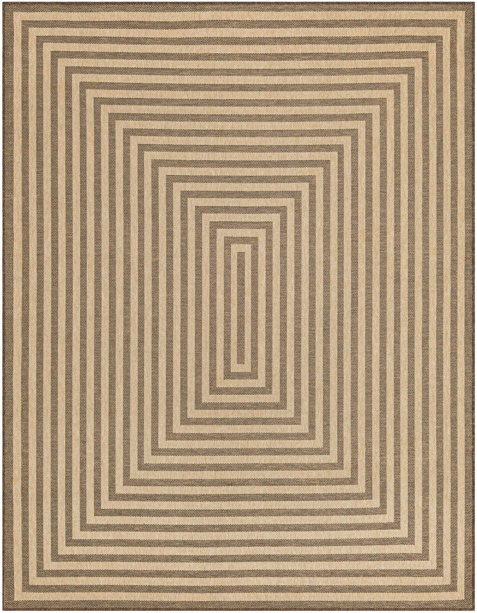A rectangular 8x10 brown and tan modern area rug with a concentric square stripe pattern, suitable for a living room.