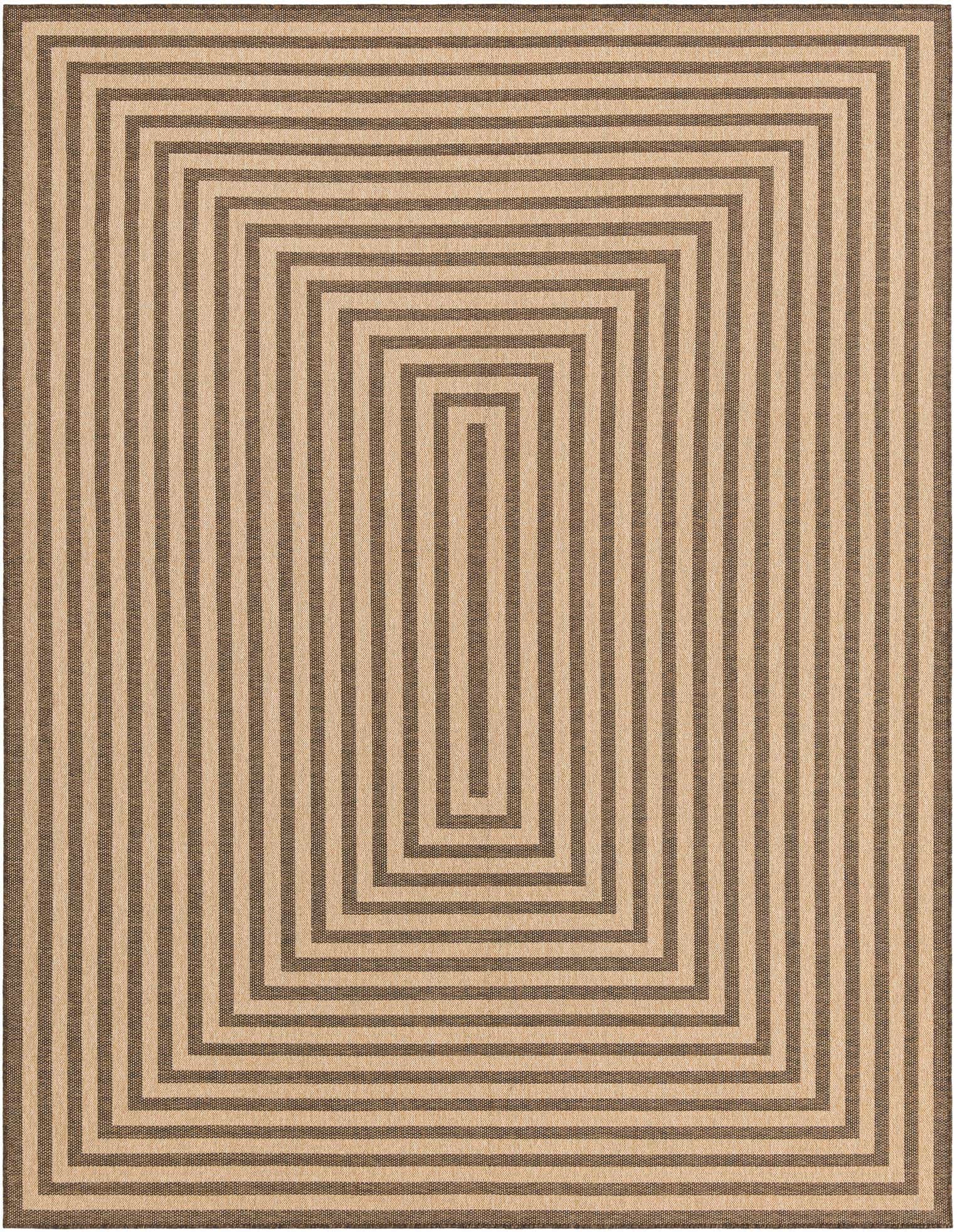 A 9x12 rectangular Rugs.com Dunes area rug featuring a modern striped pattern in varying shades of brown and tan.