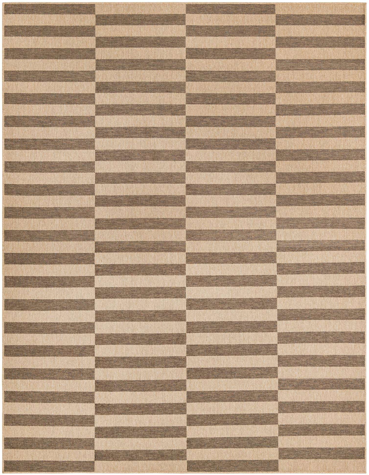 A 9x12 rectangular Rugs.com Dunes rug featuring a modern stripe pattern in varying shades of brown and tan.