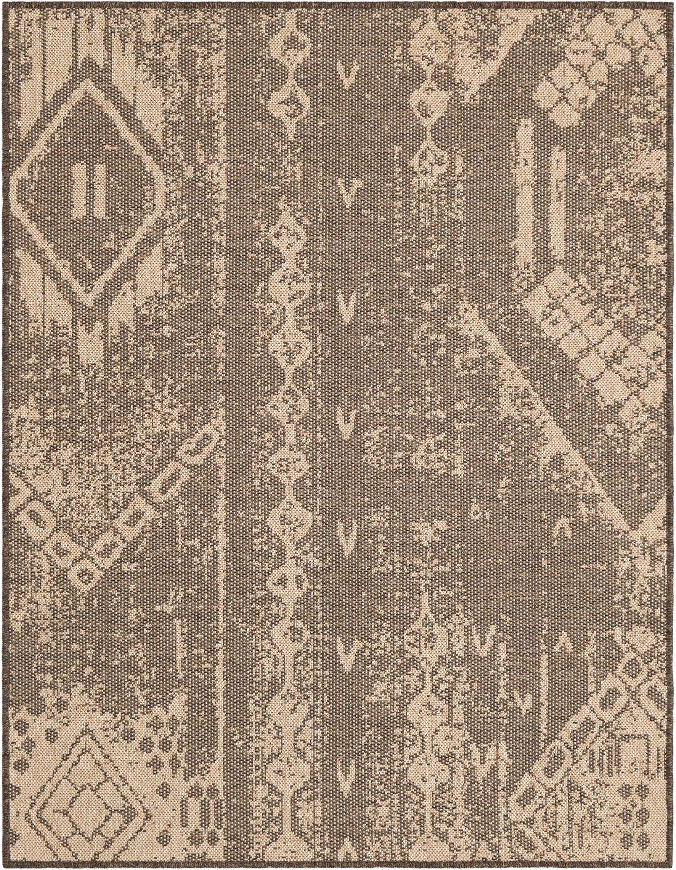 A 4x6 rectangular brown and tan Southwestern rug featuring tribal geometric patterns and a flatweave texture.