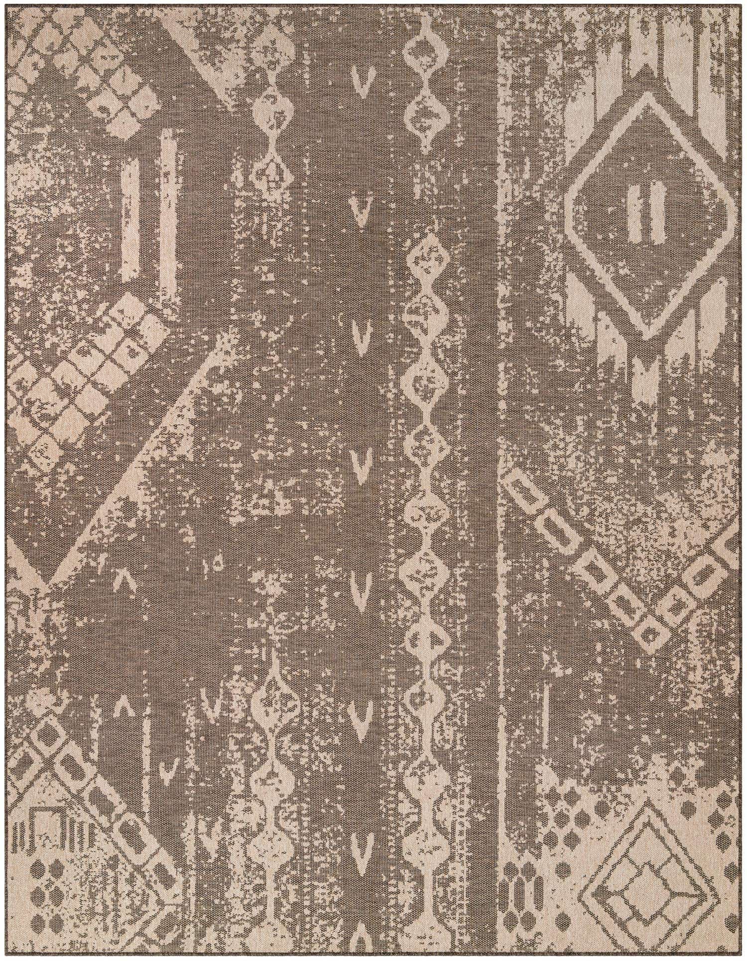 A 9x12 rectangular brown and ivory Southwestern-style rug with tribal patterns and a distressed look.