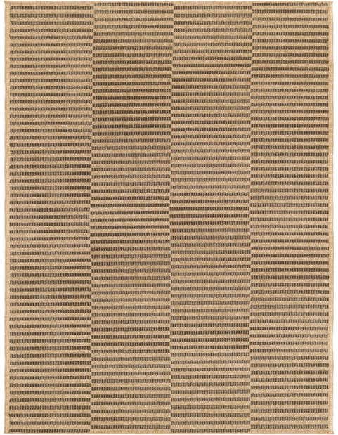 A 12 ft runner rug featuring a modern stripe pattern in alternating blocks of brown and tan flatweave polypropylene.