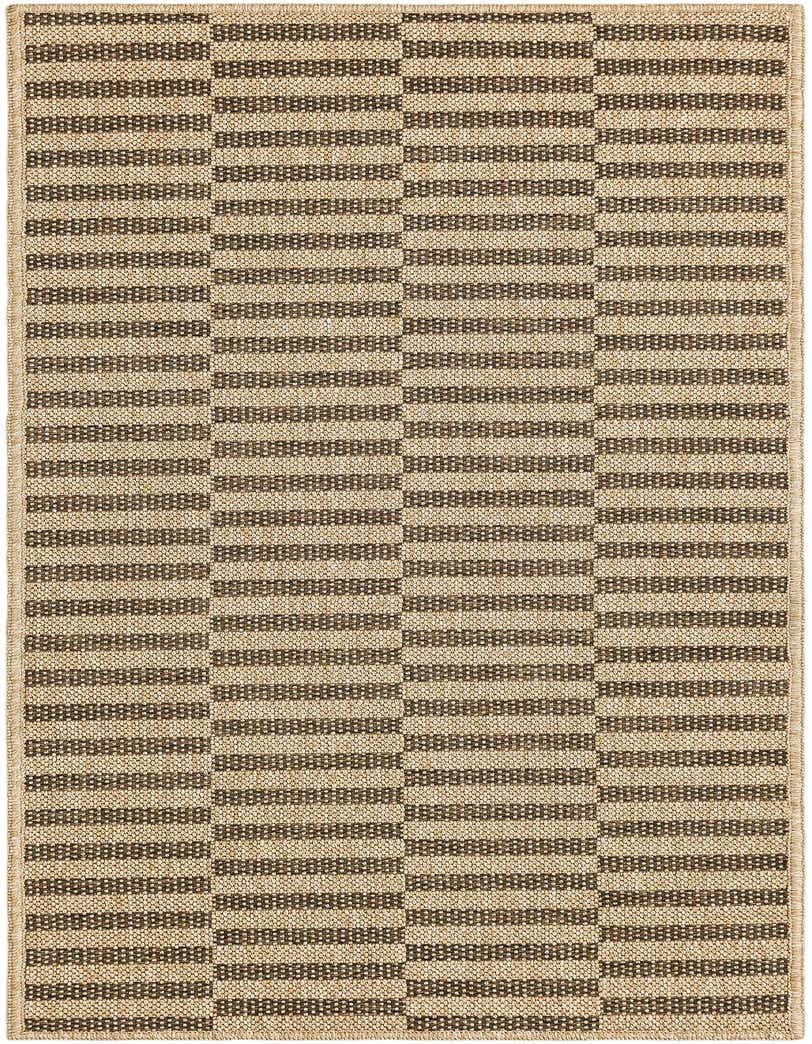 A 5 ft runner rug with a modern stripe pattern in varying shades of brown and tan, showcasing its flatweave texture.