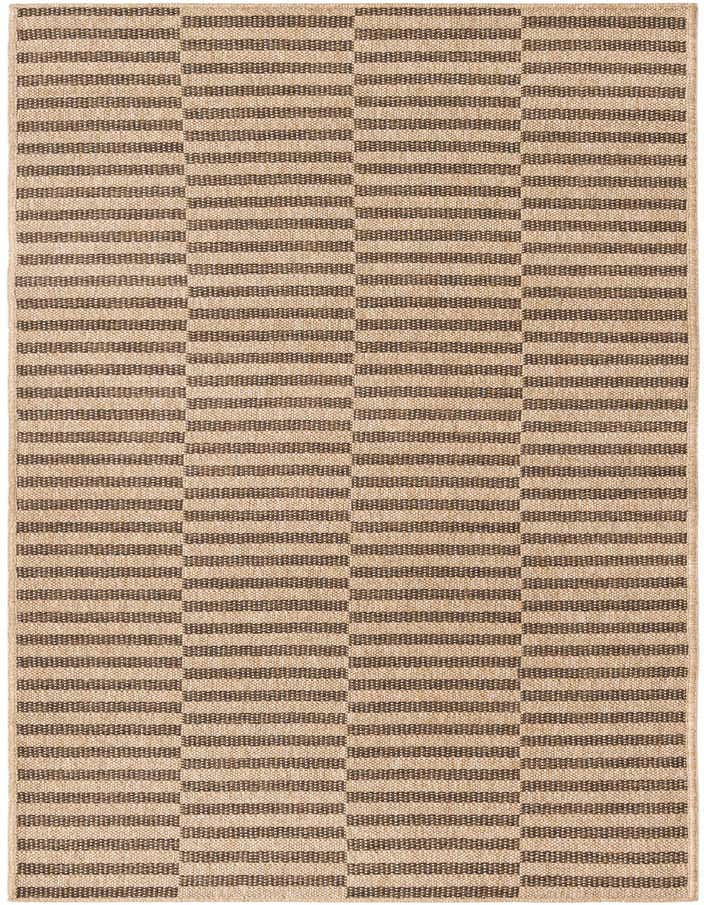 A beige and brown striped modern flatweave runner rug with a textured pattern, ideal for a hallway or kitchen.