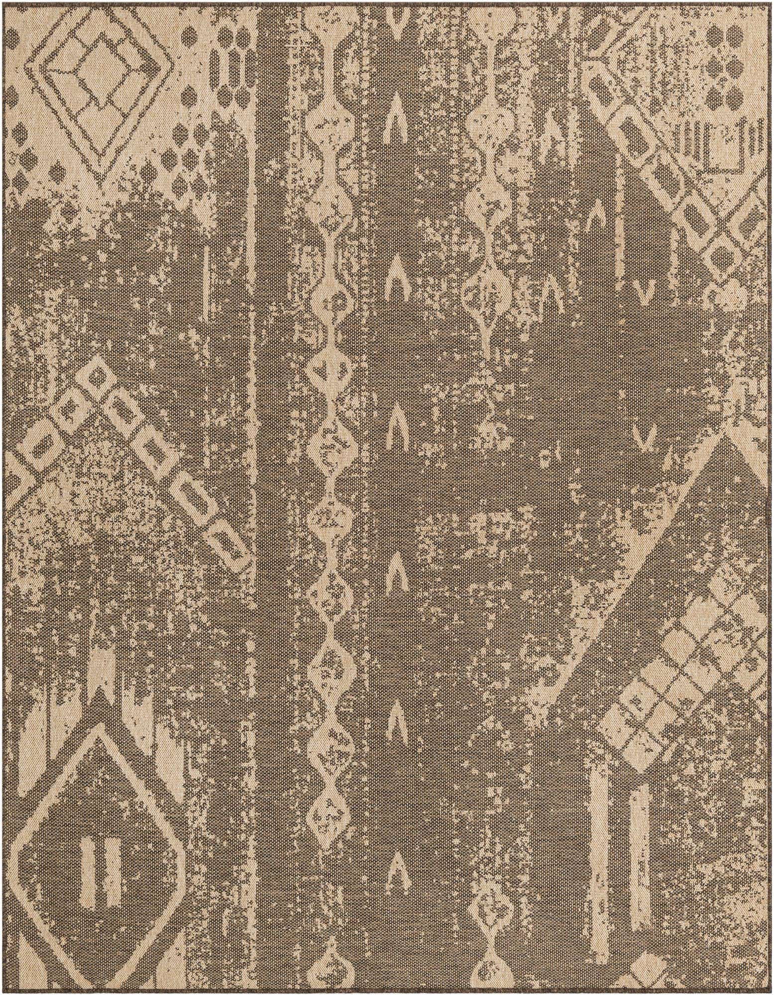 A square 8' 0 x 8' 0 Dunes rug in brown and tan, featuring a distressed Southwestern tribal pattern.