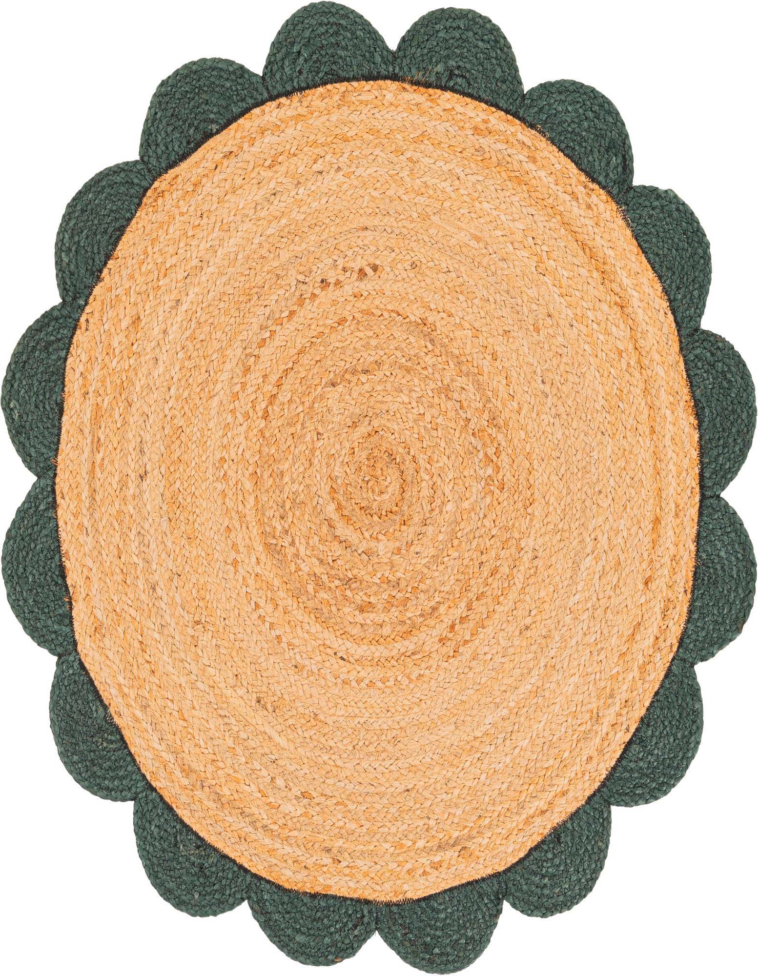 A round, braided jute rug with a natural brown center and a scalloped dark green border, perfect for an indoor patio.