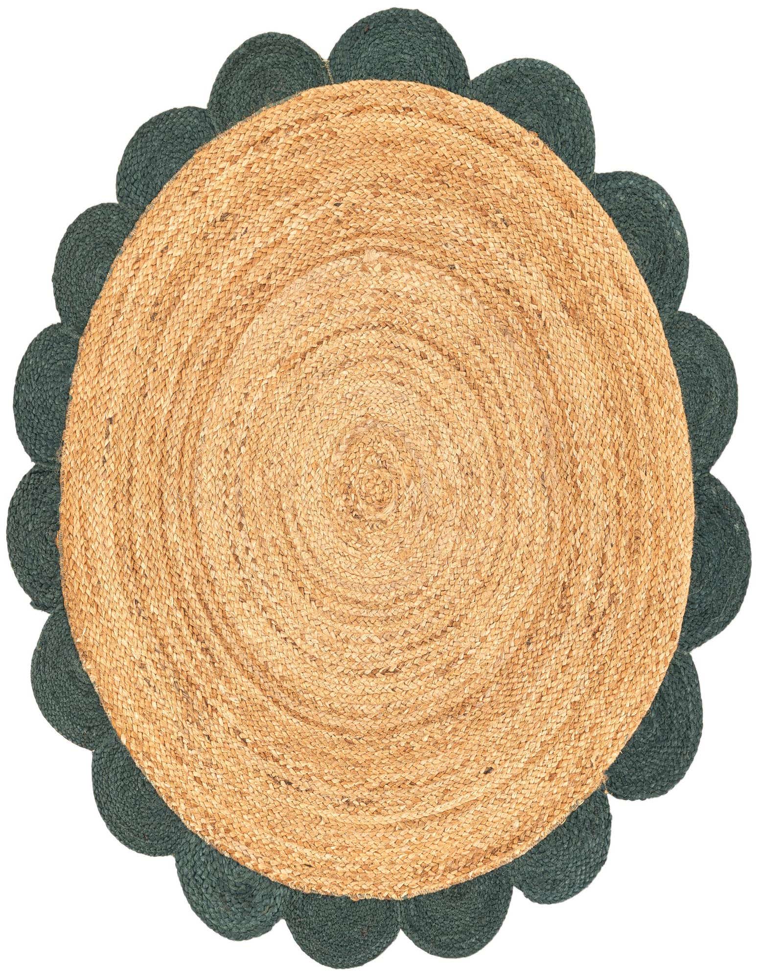 A 4' 1 x 4' 1 round jute rug with a natural brown braided center and a dark green scalloped border.