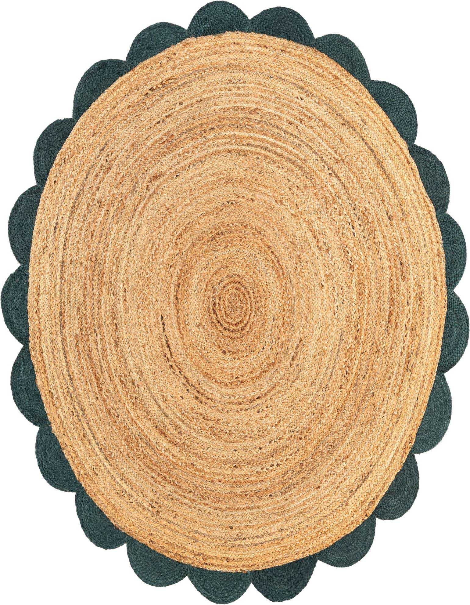 A round, braided jute rug with a natural brown center and a distinctive dark green scalloped border.