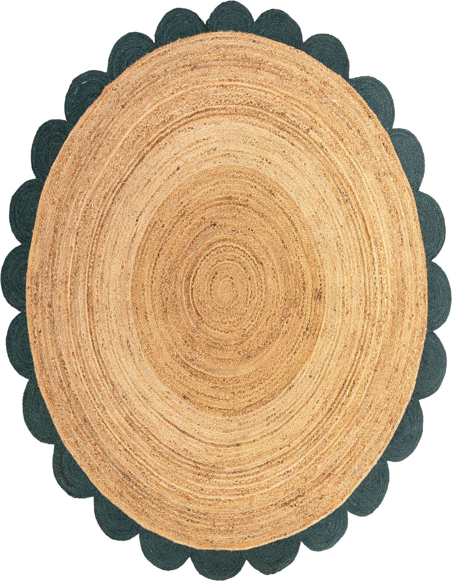 A round 8' jute rug with a natural brown braided center and a dark green scalloped border, perfect for a modern indoor space.