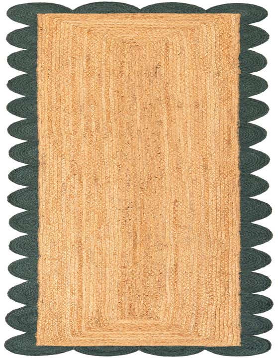A 10 ft natural jute runner rug with a braided texture and a distinctive dark green scalloped border.