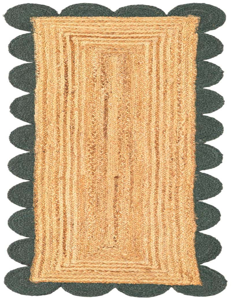 A 5 Ft Scallop Braided Jute Runner Rug in natural brown and dark green, perfect for a hallway.