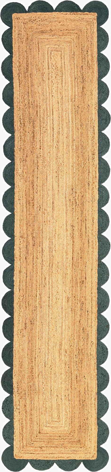 A 12 ft runner rug with a natural brown braided jute center and a dark green scalloped border, perfect for a hallway.