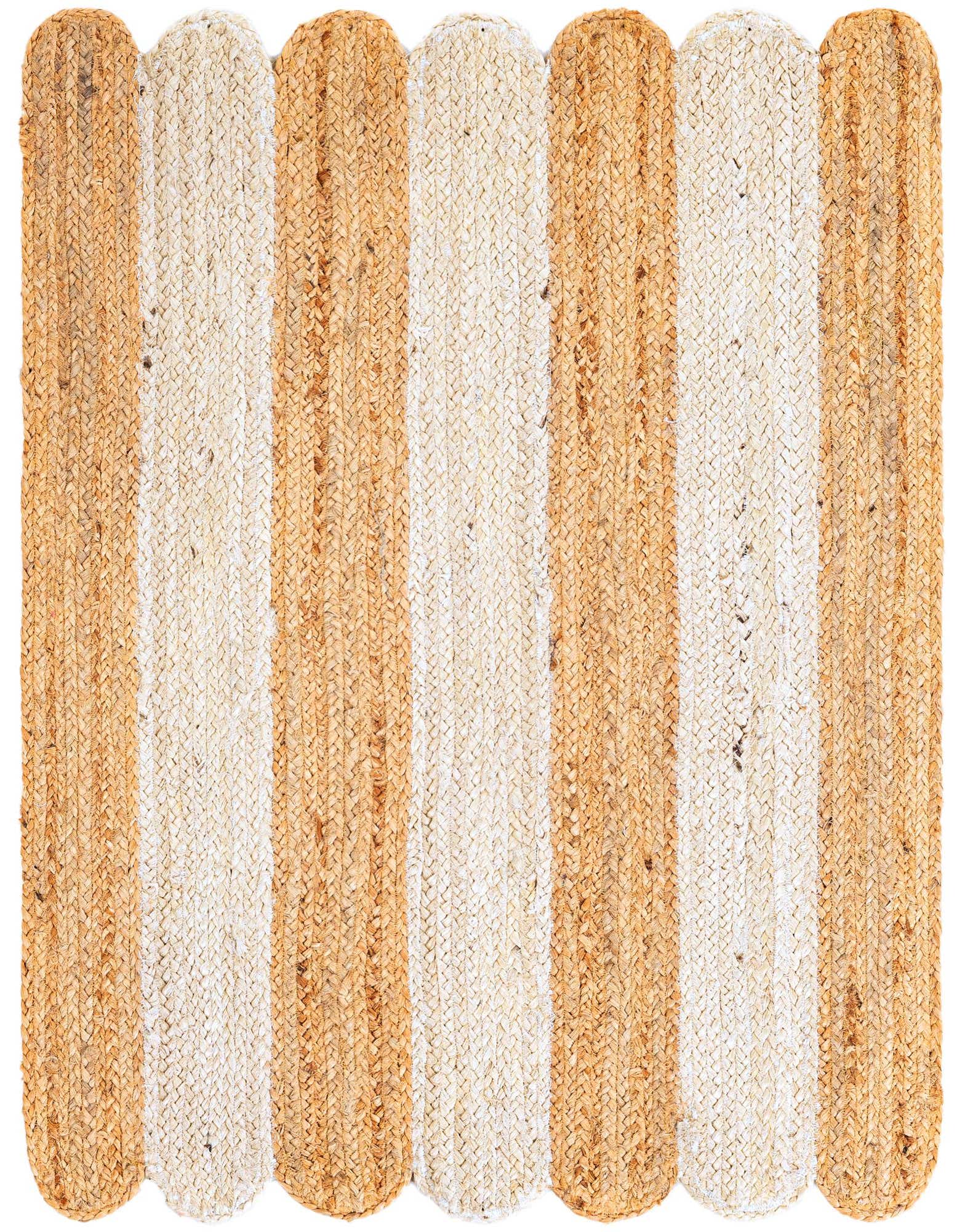 A 2x3 rectangular Rugs.com Scallop Braided Jute rug with alternating natural and ivory vertical stripes and a scalloped edge.