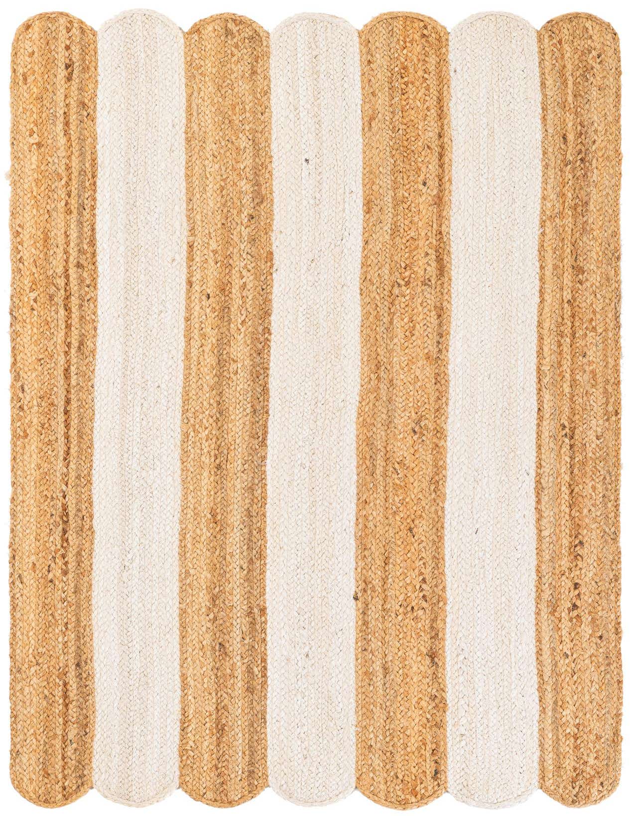 A 3x5 rectangular Scallop Braided Jute rug with alternating natural and ivory vertical stripes and a scalloped edge.