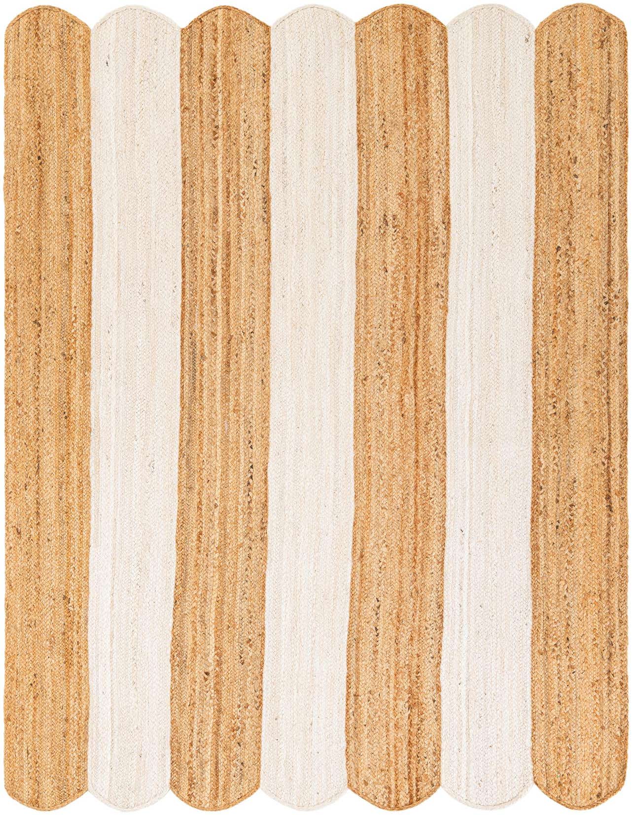 A 5x8 rectangular Scallop Braided Jute rug with alternating natural and ivory vertical stripes and scalloped edges.