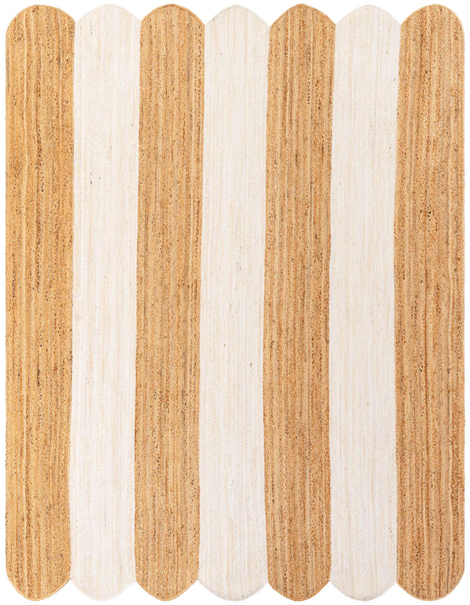 An 8x10 rectangular Rugs.com Scallop Braided Jute rug with alternating natural jute and ivory stripes and a unique scalloped edge.