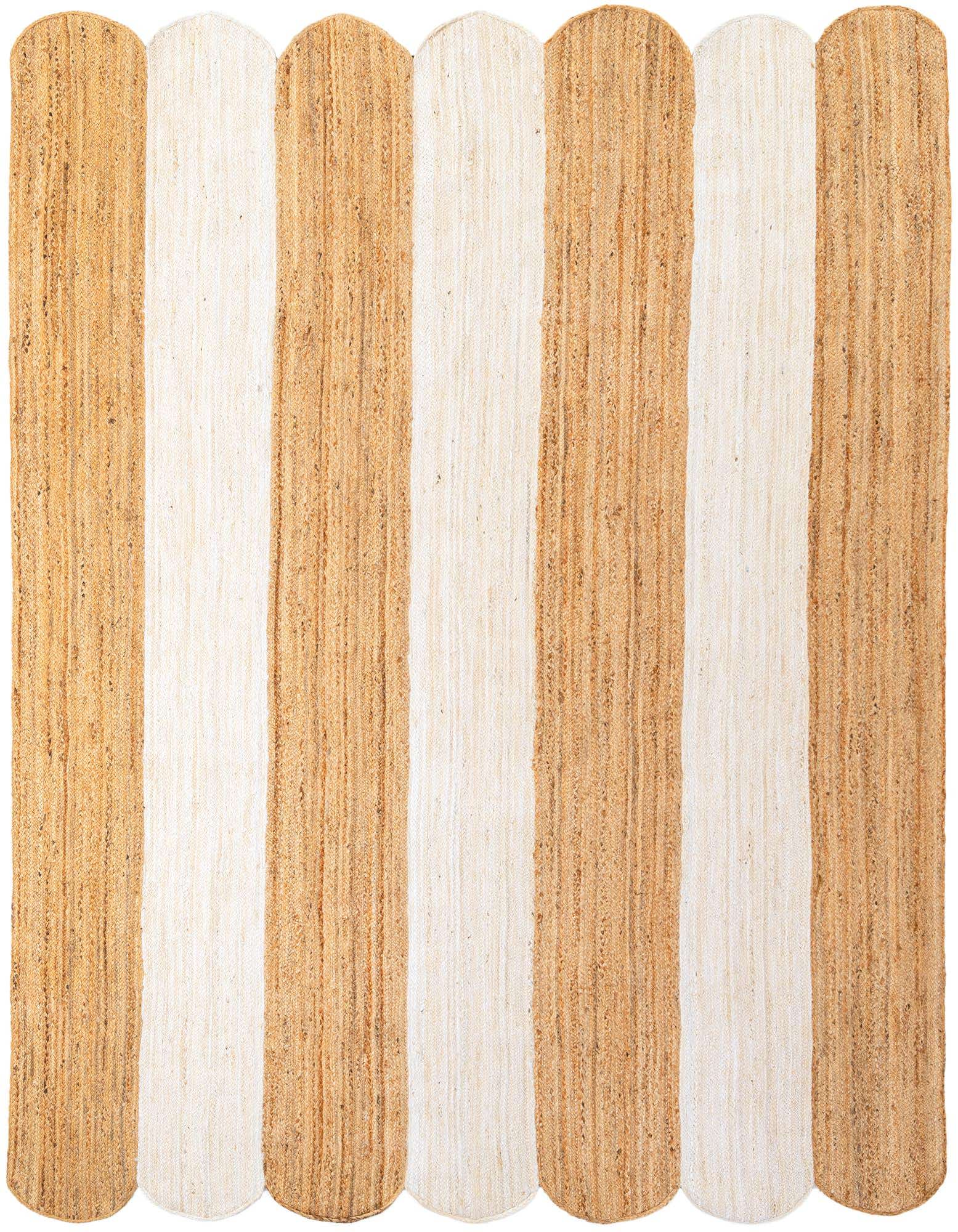 A 9x12 rectangular Rugs.com Scallop Braided Jute rug with alternating vertical stripes of natural jute and ivory, featuring scalloped ends.