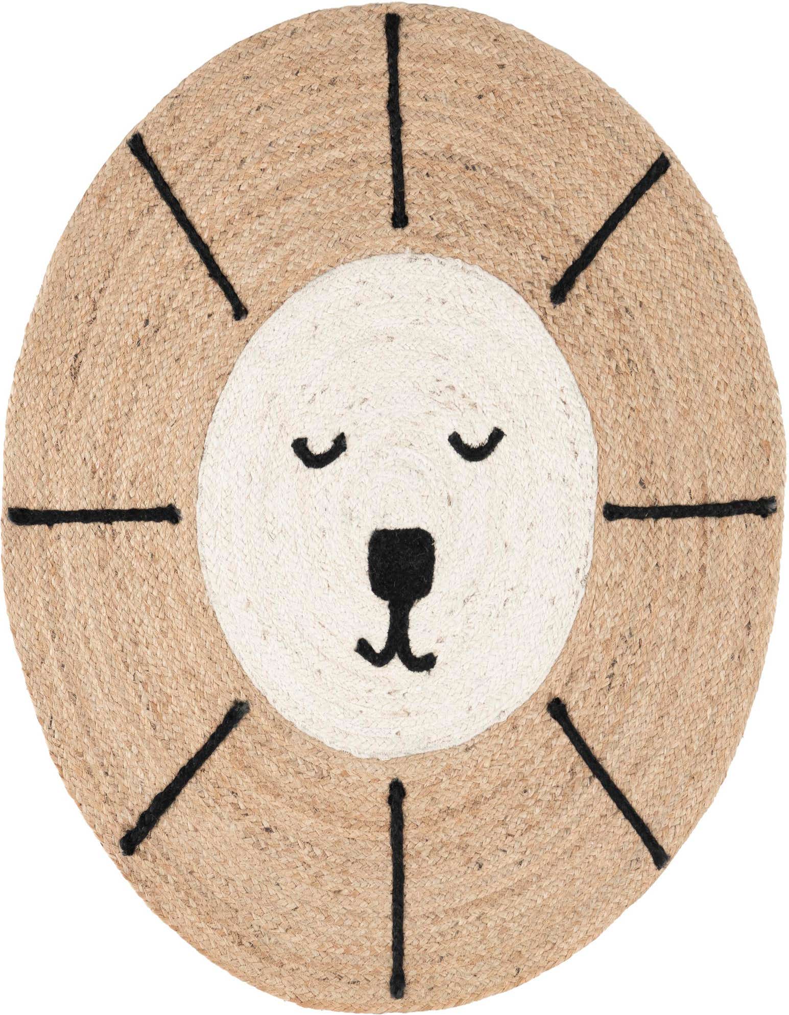 A round natural jute rug featuring an ivory center with black embroidered sleepy lion face and mane lines.