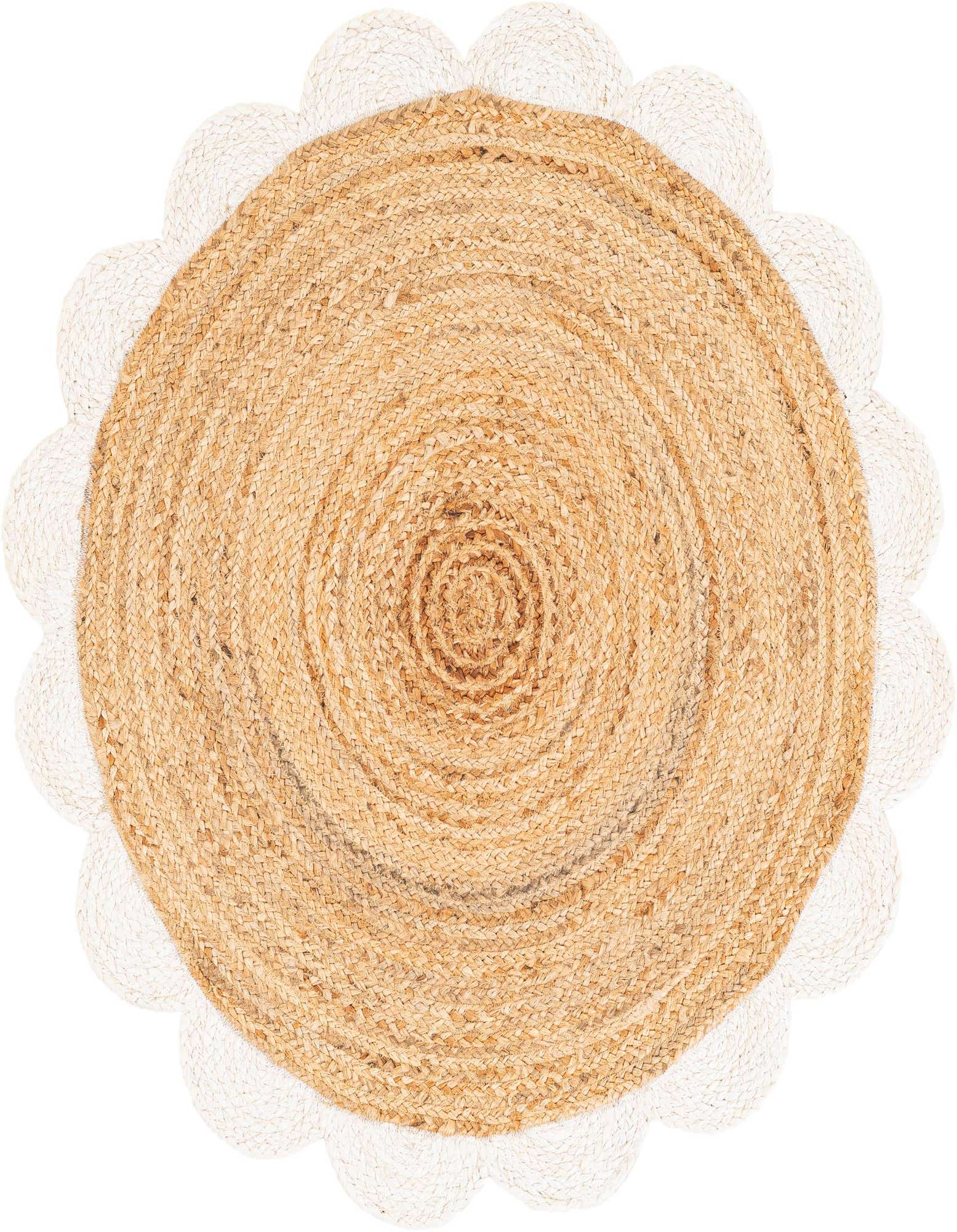A round, natural braided jute rug with a decorative ivory scalloped border, showcasing its modern, textured design.