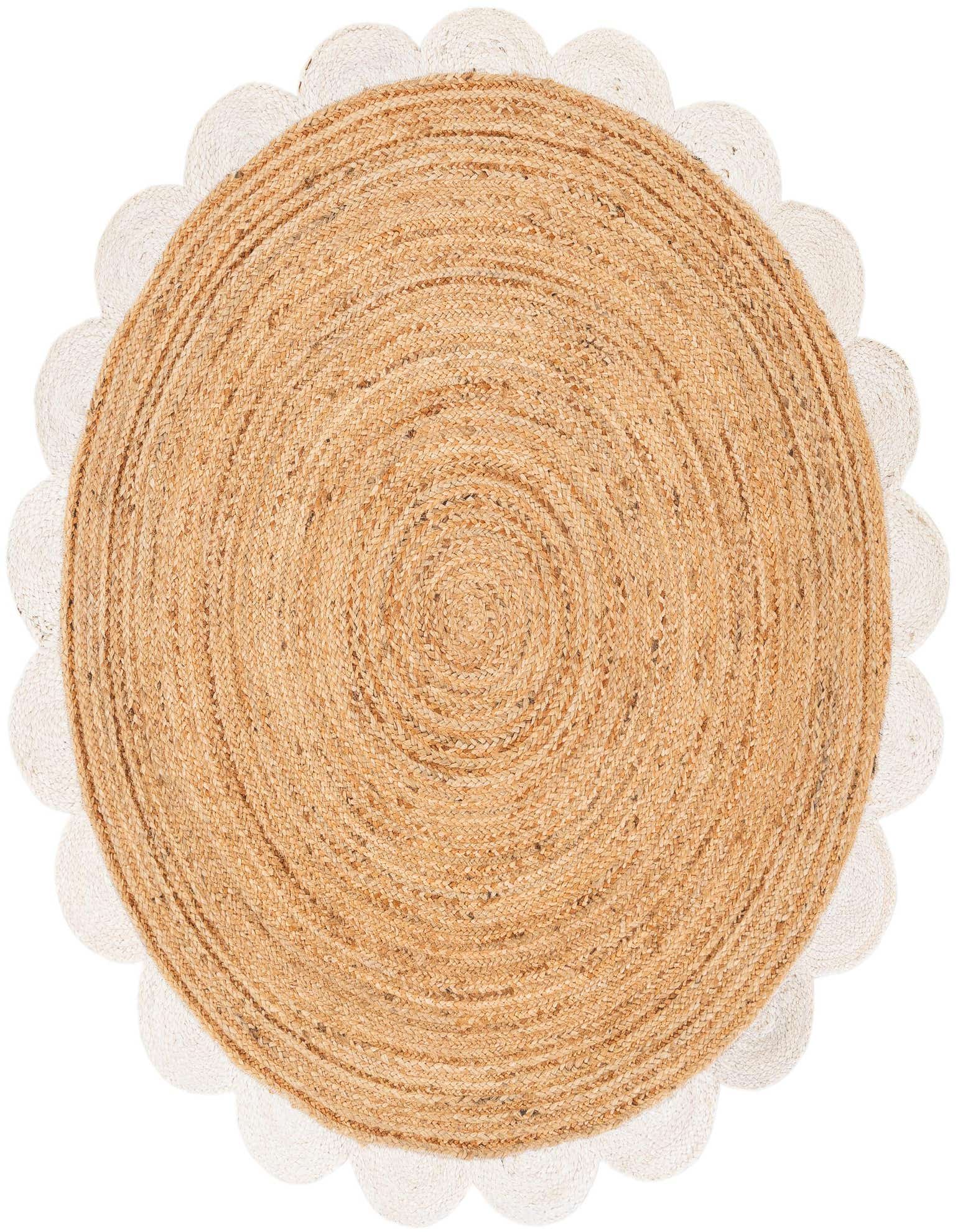 A round, natural jute rug with a distinctive ivory scalloped border, showcasing its braided texture.