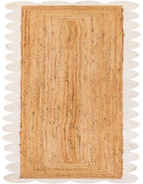 A 12 ft natural jute runner rug with a modern braided texture and ivory scalloped edges, perfect for a hallway.