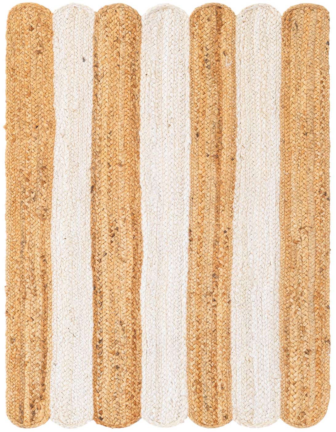 A 4 ft runner rug featuring alternating vertical stripes of natural braided jute and ivory white braided jute, with scalloped ends.