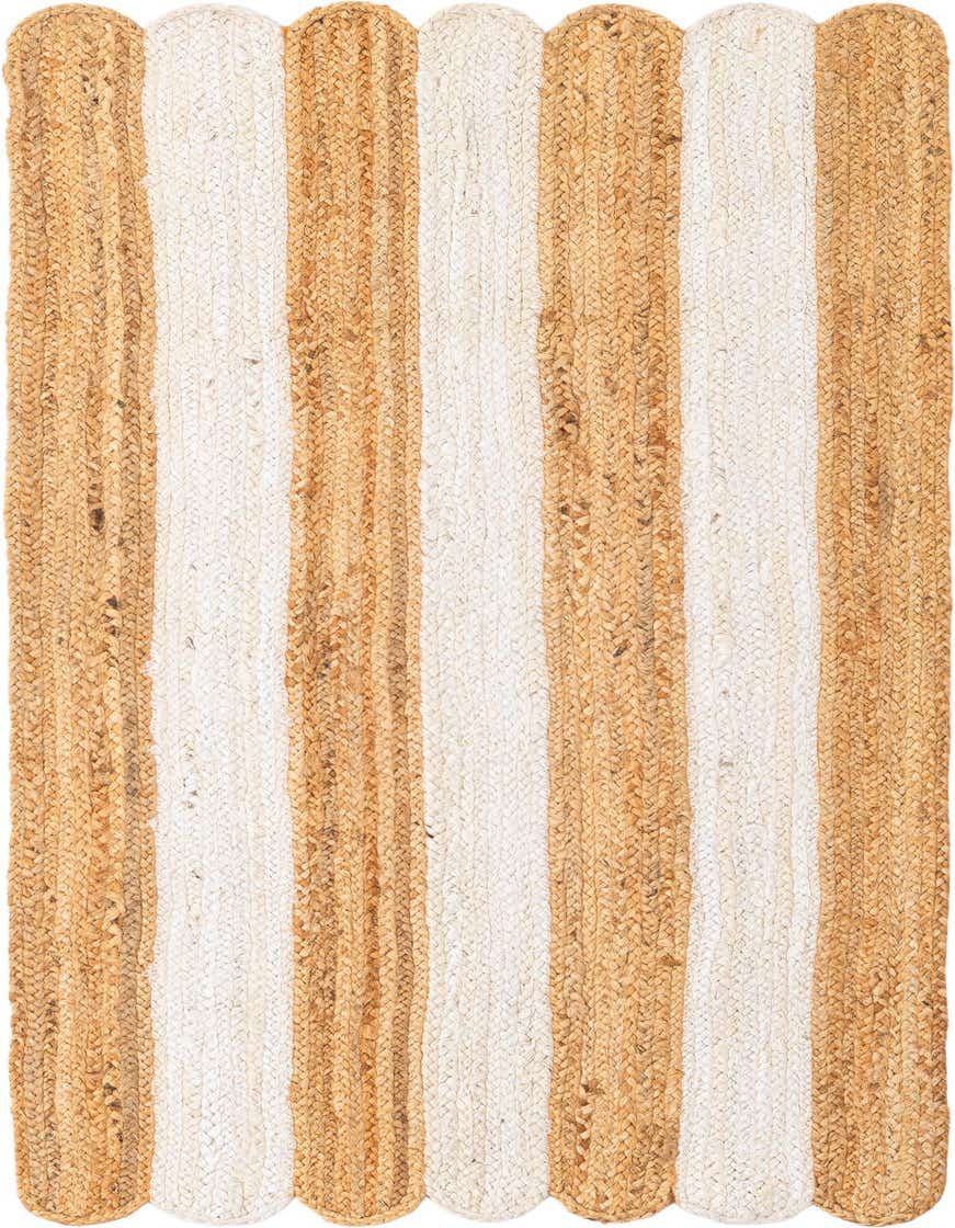 A 5 ft runner rug featuring alternating vertical stripes of natural braided jute and ivory, with a scalloped edge.
