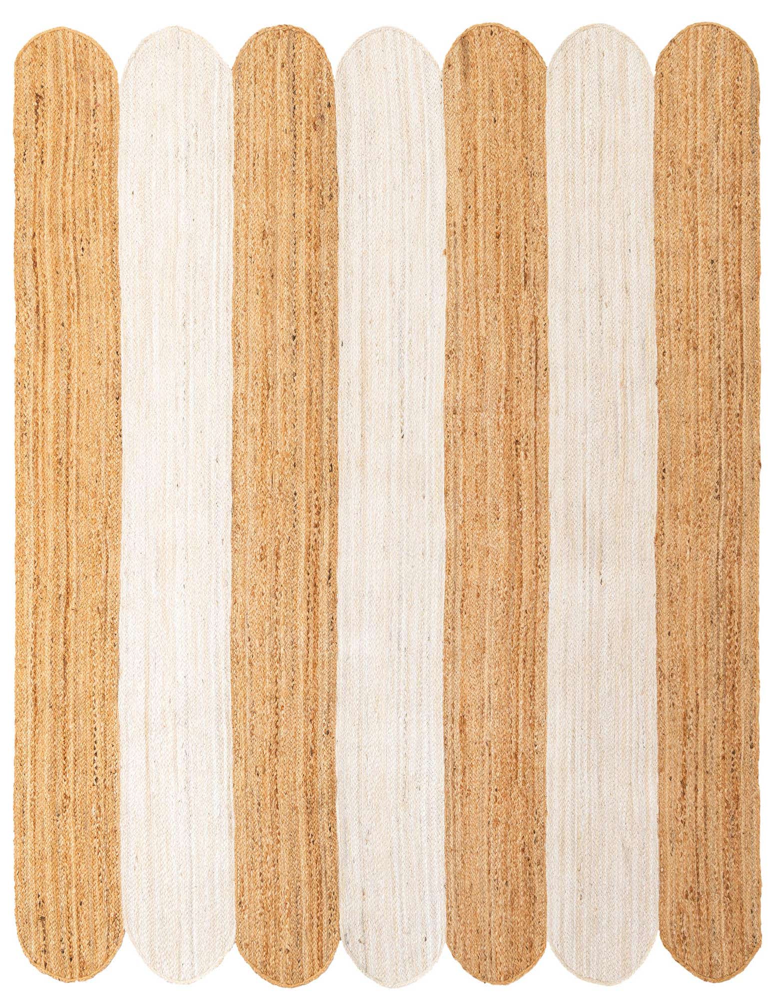 A square Rugs.com Scallop Braided Jute rug with alternating natural jute and ivory stripes and a scalloped edge.