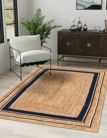  Custom Natural and Navy Blue  Hand Braided Jute Rug