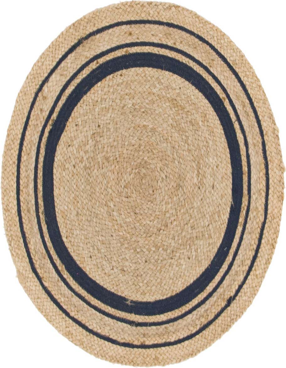 A round natural jute rug with two concentric navy blue stripes, showcasing its textured, flatweave design.