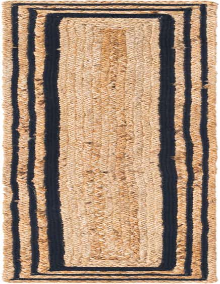 A 1' 2 x 6' 1 natural braided jute table runner with a minimalist blue striped border and center stripe.